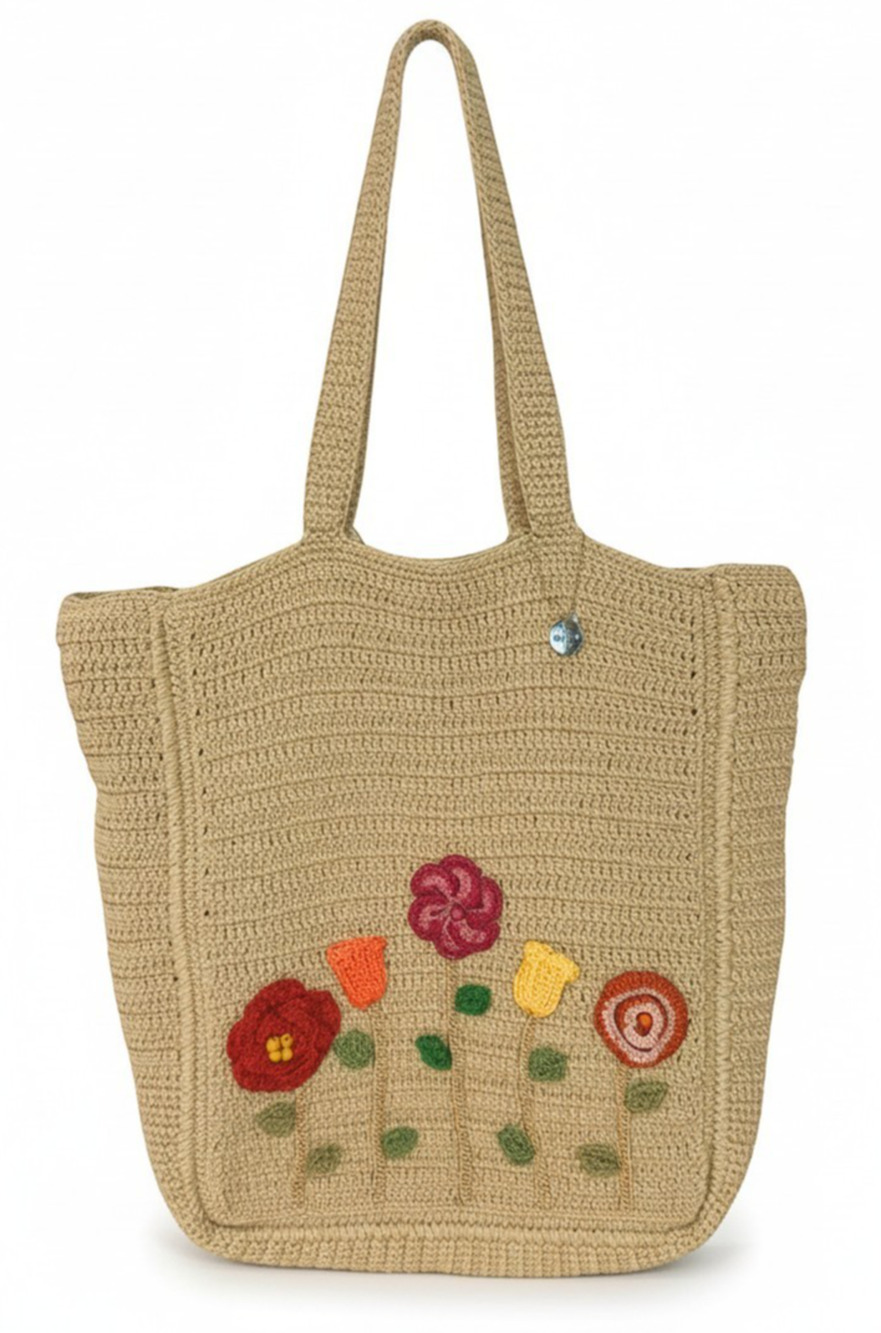 The Sak Lanie Hand Crocheted Market Tote Bag Boho Flower Embroidery Large Sz New
